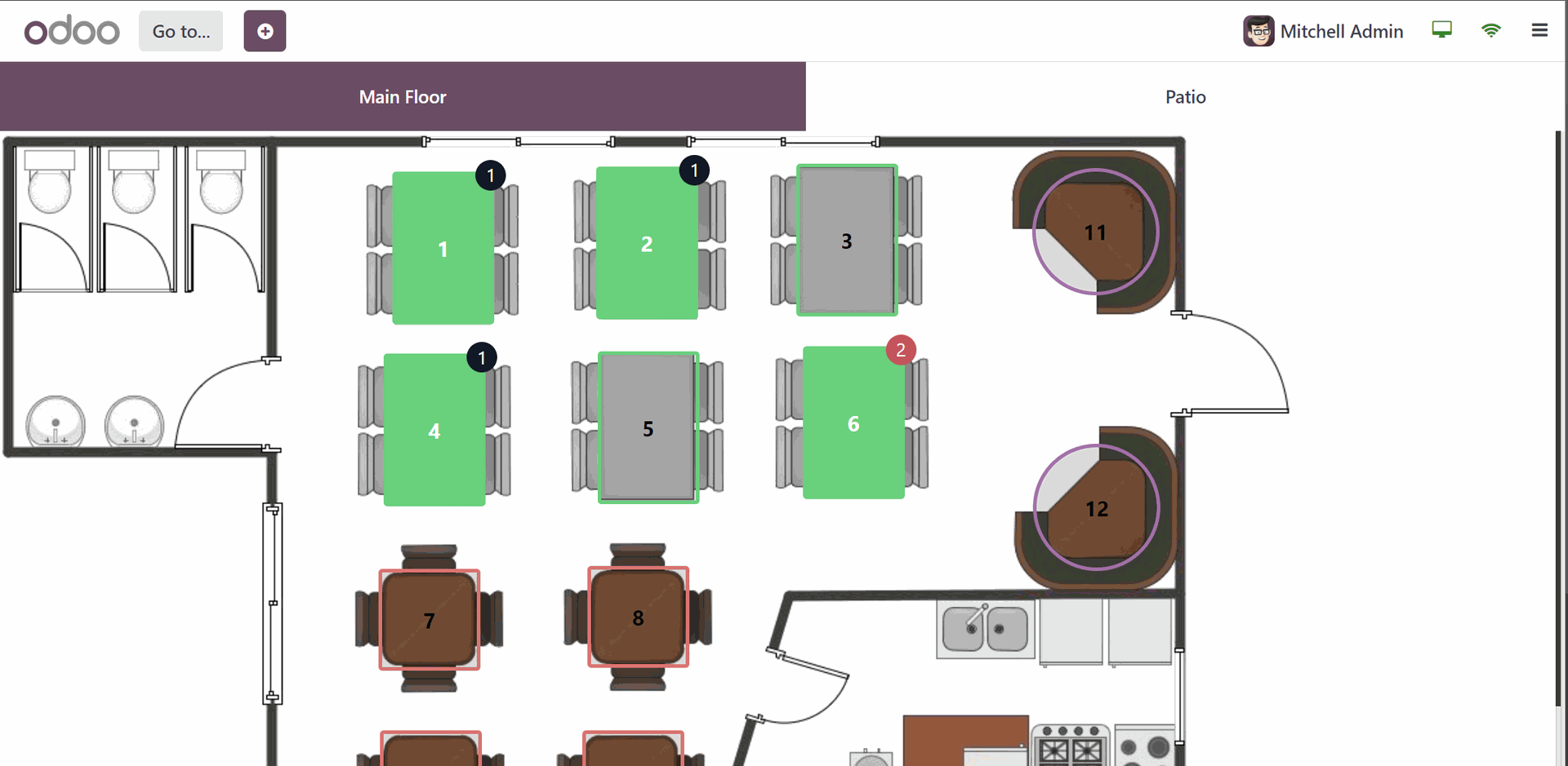 Odoo PoS kassza étterem asztal áttekintő nézet